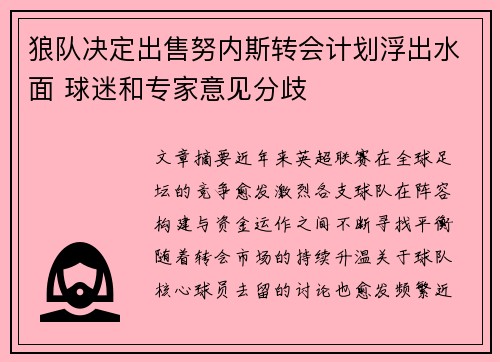狼队决定出售努内斯转会计划浮出水面 球迷和专家意见分歧